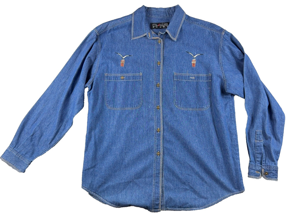 Vintage 90s Claus Sport Womens L Chambray Shirt Embroidered Birds Korea